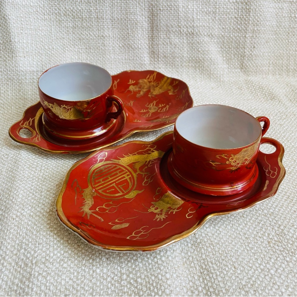 Vintage Kutani Japan Gold Dragon Porcelain Dragon Tea Cup & Snack Saucer 2 Sets